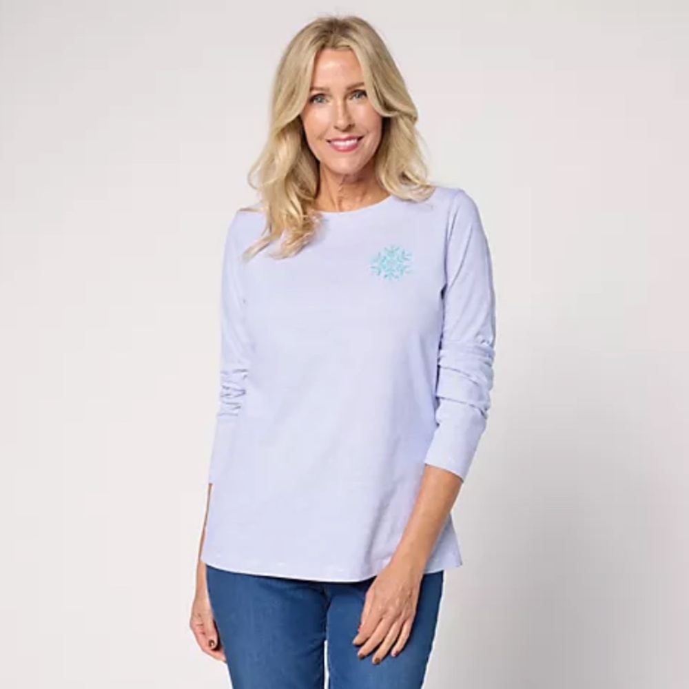 Denim & Co. 100% Cotton Stripe Snowflake Long Sleeve Top